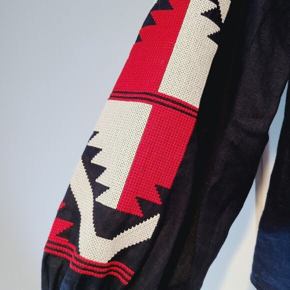 Fanm Mon Hand Embroidered Linen Peasant Blouse Navy Red EU 42 US M Artisan - Picture 3 of 7
